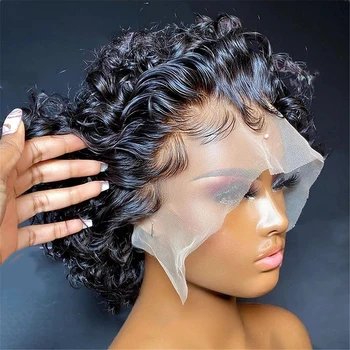13x4 Прозрачный кружевной фронтальный парик из человеческих волос Pixie Cut 180% плотности, предварительно выщипанные кудрявые парики из человеческих волос Pixie для чернокожих женщин