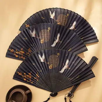 Китайский древний летний веер с рисунком белого журавля, ручной складной веер с кисточкой, высококачественная шелковая ткань, Бамбуковые украшения Ханфу