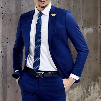 Королевский синий мужской деловой костюм с отворотом, приталенный пиджак из 2 частей и брюки, смокинг жениха для свадьбы, мужская мода