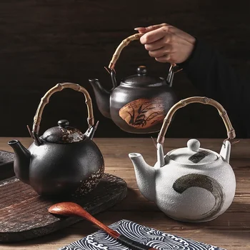 Керамический чайник в японском стиле большой емкости, Чайная посуда с ручкой из ротанга, Расписанные вручную чайные сервизы, Чайник для чая