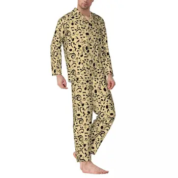 Музыкальные ноты Пижамный комплект Желто-черная Теплая пижама Женская с длинным рукавом Винтажная Домашняя пижама из 2 предметов большого размера XL 2XL