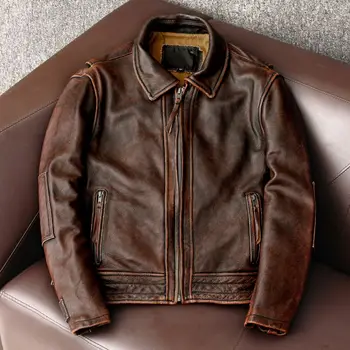 2023 Фирменный стиль, толстая куртка из натуральной Кожи, Винтажное коричневое пальто из Воловьей кожи, Мужская Тонкая байкерская куртка Азиатского Размера S-6XL