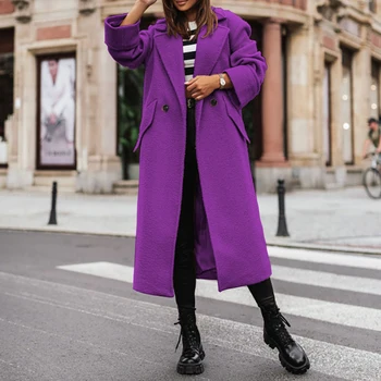 Простые женские однотонные длинные шерстяные пальто Осенняя куртка с отложным воротником на одной пуговице, кардиган, зимнее теплое пальто с длинным рукавом и карманом