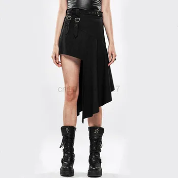 Черные готические юбки неправильной формы Для женщин, модная асимметричная юбка в стиле Стимпанк с металлической пряжкой, панк-рок, Асимметричная юбка на Хэллоуин