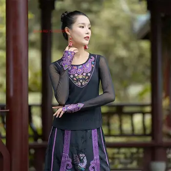 2024 китайская традиционная футболка с круглым вырезом, женская эластичная сетчатая рубашка с национальной цветочной вышивкой, восточная винтажная этническая базовая рубашка