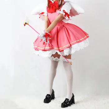 Аниме Cardcaptor Sakura Kinomoto Sakura Clow Magician Косплей Костюм, Парик, Розово-белая Боевая форма на Хэллоуин, платье-крылышко