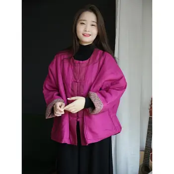 2024 новая китайская женская одежда из хлопка и конопли в этническом стиле, теплая хлопчатобумажная одежда, теплые куртки, повседневное розово-красное пальто hanfu