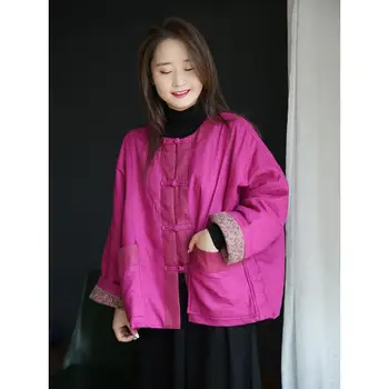 2024 новая китайская женская одежда из хлопка и конопли в этническом стиле, теплая хлопчатобумажная одежда, теплые куртки, повседневное розово-красное пальто hanfu