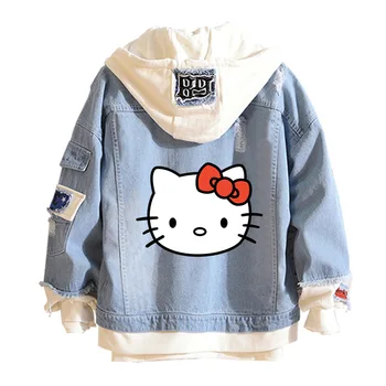 Аниме Hello Kitty с принтом кошки, поддельная куртка из 2 предметов, косплей, повседневная джинсовая куртка, осенняя толстовка с капюшоном, Верхняя одежда унисекс, пальто