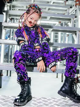 Одежда для выступлений Одежда для танцев на сцене Одежда с расклешенными рукавами Джазовый костюм для девочек Детский комплект в стиле хип-хоп с фиолетовыми блестками Уличные танцы