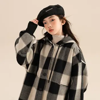 Топ для девочек 2023, Новое осенне-зимнее клетчатое пальто средней длины в Корейском модном стиле для маленьких девочек, плотное пальто с капюшоном, Детская верхняя одежда