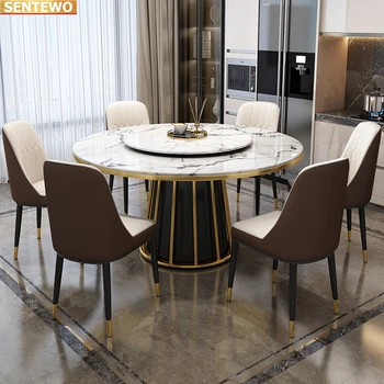 Роскошный дизайнерский круглый обеденный стол из мраморной плиты с 6 стульями mesa de jantar comedor marbre с золотой основой из нержавеющей стали