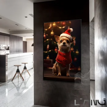 Домашняя собака в рождественской праздничной атмосфере наряжается милым и теплым плакатом, украшающим стены рождественской елкой, росписью домашней гостиной