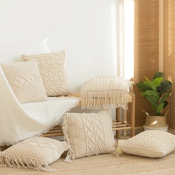 Чехол для подушки с геометрическим рисунком ручной работы, наволочка из макраме, домашний декор, подушка с кисточками, диван