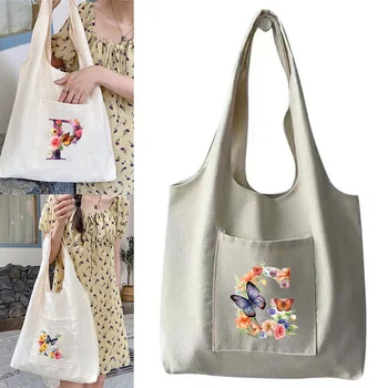 Складная холщовая сумка-тоут Женская сумка через плечо хозяйственная сумка с буквенным рисунком бабочки для офиса, школы, пикников, ежедневных поездок