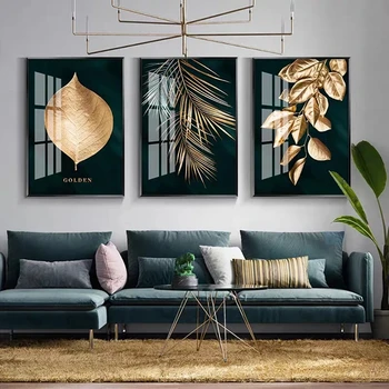 Золотые листья растений, Абстрактная картина, Настенный плакат, Современный стиль, печать на холсте, Художественная роспись, Уникальное украшение для коридора, гостиной.