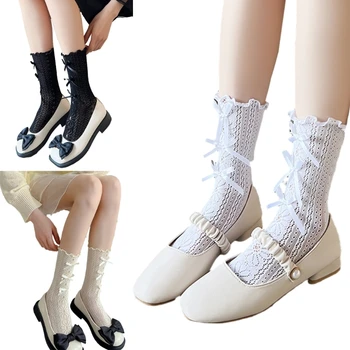 Женские кружевные носки с оборками, средний носок в виде трубки, выдалбливающий чулок с бантом, носки с кружевной отделкой и оборками для девочек-леди