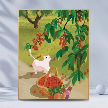 Ручная роспись весенним днем девушка кошка масляной краской тюльпан вишневое лечение простая подвесная цифровая картина маслом
