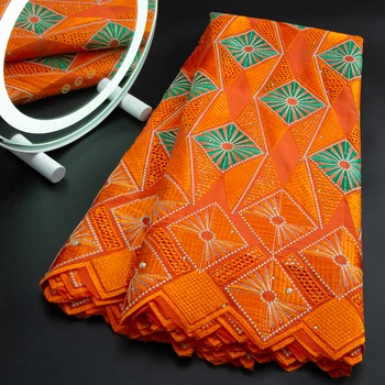 Африканское швейцарское вуалевое кружево В Швейцарии 2023, Высококачественная 5 ярдов Нигерийская хлопчатобумажная кружевная ткань с камнями для женского платья A3283