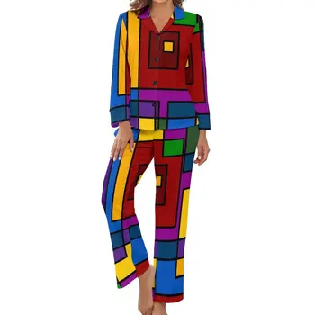 Пижама в стиле De Stijl, домашний костюм для сна с V-образным вырезом, женский, из 2 предметов, мягкие пижамные комплекты с длинными рукавами на заказ