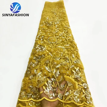 Кружевная ткань Sinya из плотного бисера, роскошный золотисто-белый Французский тюль, вышивка 3D цветочным жемчугом, пайетки, кружево для новобрачных
