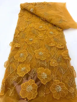Золотая Роскошная ткань 3D Flowers 2024 Высококачественная Французская вышивка Нигерийские блестки Кружевные ткани из бисера для свадебного платья