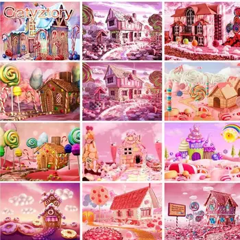GATYZTORY Frame DIY Painting By Numbers Наборы для рисования по номерам в розовом конфетном домике для взрослых, современная домашняя настенная художественная картина, подарок своими руками