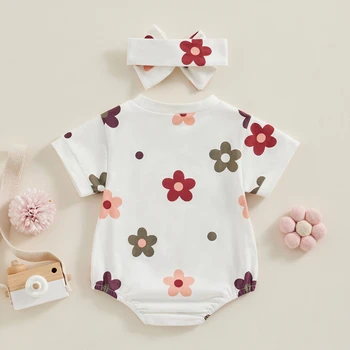 Летний комбинезон для новорожденных девочек с цветочным принтом, круглым вырезом, коротким рукавом и повязкой на голову с бантом