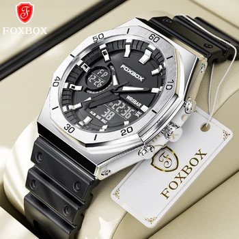 Лидирующий бренд FOXBOX, роскошные мужские наручные часы, водонепроницаемые мужские часы с двойным дисплеем, светодиодный будильник, мужские спортивные часы крупного бренда