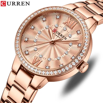 Роскошные кварцевые наручные часы CURREN для женщин с розовым циферблатом, украшенным стразами, Модные часы с ремешком из нержавеющей стали, повседневные женские часы