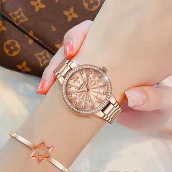 Роскошные кварцевые наручные часы CURREN для женщин с розовым циферблатом, украшенным стразами, Модные часы с ремешком из нержавеющей стали, повседневные женские часы