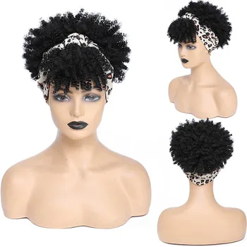 Короткая афро-кудрявая повязка на голову, парик из 10-дюймовых кудрявых волос, парики для женщин, косплей, Синтетический пушистый вьющийся шарф с челкой