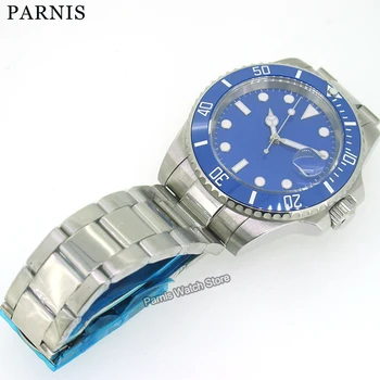 Мужские автоматические механические часы Parnis 40 мм сапфировый синего цвета с вращающимся керамическим безелем