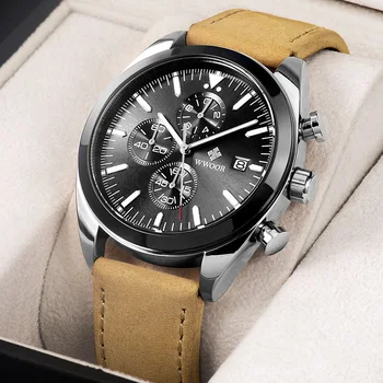 Мужские часы WWOOR, модные Кожаные кварцевые наручные часы, водонепроницаемый спортивный хронограф, светящаяся дата, мужские наручные часы Reloj Hombre