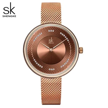 Женские часы Shengke, лучший бренд, роскошные женские наручные часы с ремешком из нержавеющей стали, розовые часы, стильные кварцевые женские часы