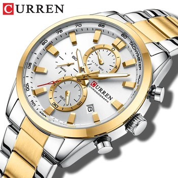 Спортивные кварцевые часы CURREN с браслетом из нержавеющей стали для мужчин - многофункциональный циферблат с хронографом и дисплеем даты