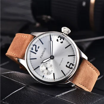 Модные мужские механические часы Parnis 44 мм в серебряном корпусе с ручным заводом, кожаный ремешок, мужские часы с ручным заводом reloj hombre Clock