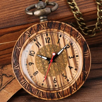 Старинные деревянные карманные часы без крышки Кварцевые карманные часы Zebra Wood с римской цифрой по краю, Черный циферблат с арабской цифрой, Подвеска