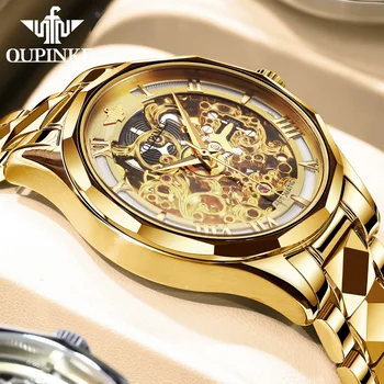 Оригинальные мужские механические часы OUPINKE, золотой скелет, сапфировое стекло с автоподзаводом, водонепроницаемые наручные часы из вольфрамовой стали
