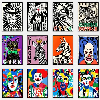 Ретро Французский королевский цирк Circus Cyrk Художественный плакат с клоуном, красочный принт, Мультяшные настенные панно на холсте для спальни, клубного домашнего декора