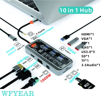 Прозрачные 10 в 1 с заводскими многофункциональными портами USB 3.0, адаптер для док-станции RJ45 HD USB C Концентратор для Mac