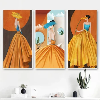 Модная Благородная Элегантная Женщина В Оранжевом Платье Плакаты и Принты Картины На Холсте Настенные Художественные Картины для Гостиной Домашнего Декора