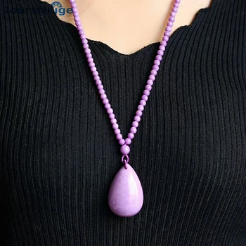 Оптовые Фиолетовые Подвески из натуральной слюды, ожерелье с подвеской в виде капли воды, Круглые бусины, Цепочка для свитера, Lucky for Women Jewelry