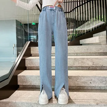 2023 весна лето Джинсы для девочек Повседневные джинсовые брюки Эластичные брюки с высокой талией широкие брюки с разрезом для подростков 12-20 лет