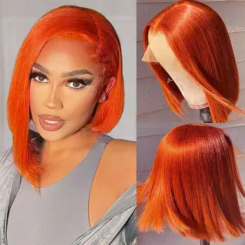 Рыжевато-оранжевый Короткий Боб, парики из человеческих волос на кружеве, Оранжевый Прямой Для женщин, Бразильский прямой Боб, парики из волос Remy цвета Омбре