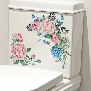 Долговечная наклейка для декора туалета, Акварельный цветок, наклейка для туалета, Акварельный цветок, наклейка для туалета, Съемная стена ванной комнаты из ПВХ
