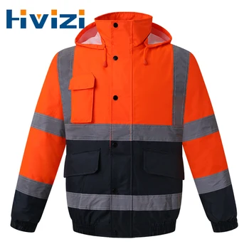 Тепловая куртка-бомбер ANSI класса 2 с темно-синим низом, повышенной видимости, рабочая одежда Hi Vis, водонепроницаемое оранжевое пальто