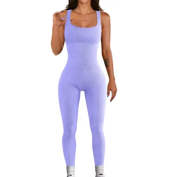 Женский комбинезон в рубчик без рукавов, однотонный боди с квадратным вырезом, тренировочный комбинезон для бега и йоги