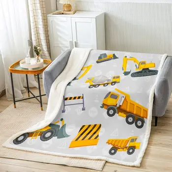 Желтое Шерп-одеяло для экскаватора, мультяшный автомобиль, флисовое одеяло для кровати, дивана, строительной техники, Плюшевое одеяло