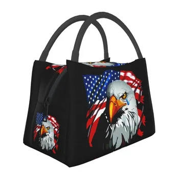 Изготовленная на заказ сумка для ланча с белоголовым орланом под американским флагом США Мужская женская Термоохладитель Изолированные ланч-боксы для пикника кемпинга работы путешествий